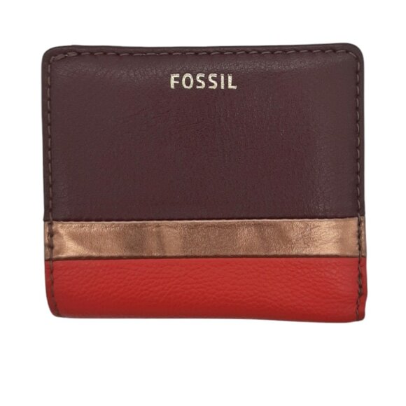 Fossil Madison Bifold Purple Rose Gold and Coral Faux Leather Wallet - Picture 1 of 9
